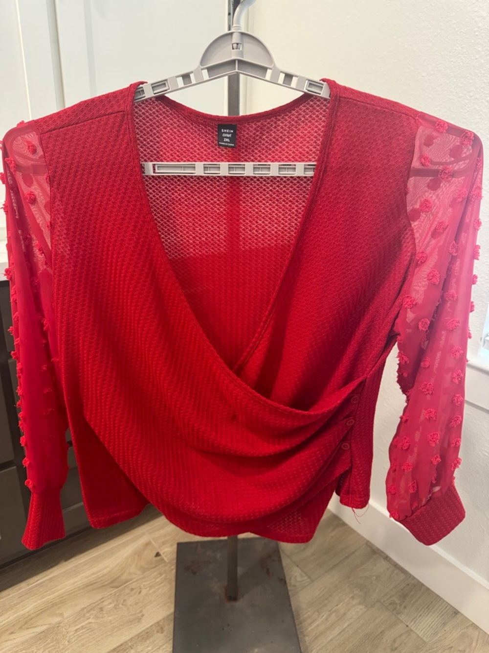 Red Surplice Knit Top with Sheer Dot Sleeves NWOT size 2XL